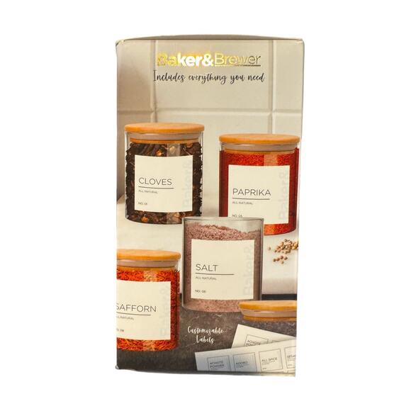 Baker & Brewer Bamboo & Glass Spice Jar Set (6 Pack) with Airtight Lids & Labels - Picture 3 of 6